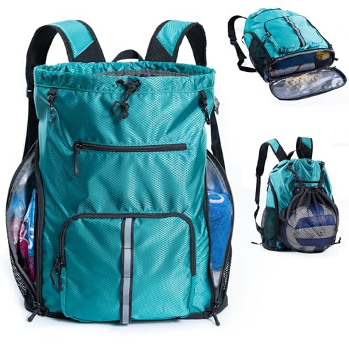 Large Beach Backpack Waterproof Sandproof - Customized Oversized Drawstring Pool Bag with Shoe Compartment for Toiletries, Towels, Gym, Travel - color: Teal