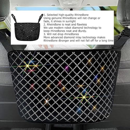 zipelo Bling Car Net Pocket Handbag Holder, Rhinestone Vehicle Backseat Purse Organizer Between Seats, Diamond Hanging Storage Bag Barrier of Pet Kids, Universal Automotive Accessories (Black) - color: Black