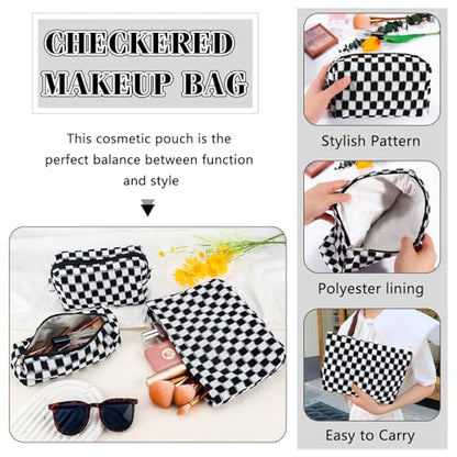 ZLFSRQ 3Pcs Checkered Makeup Bag for Women Large Small Checkered Cosmetic Bag Set Aesthetic Preppy Pencil Case Cute Pencil Pouch Black Makeup Pouch for Purse Travel Toiletry Bags Zipper Skincare Bags - color: B-Checkered 3Pcs Mix Black