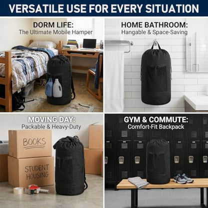 Backpack Laundry Bag Durable Polyster Laundry Backpack Bag with Shoulder Straps, Drawstring Closure & Mesh Pocket, Large Clothes Hamper for Dorm, Travel, Laundromat (Black) - color: Black