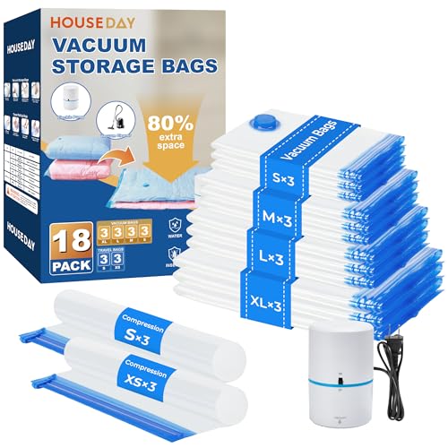 HOUSE DAY 18 Pack Vacuum Storage Bags with Electric Pump, Valve, Space Saver Vacuum Seal Bags for Clothing, Comforters, and Travel Essentials 3 Jumbo,3 Large,3 Medium,3 Small/3 Small,3 XS Roll Up Bag - size: 18 Combo-E PUMP