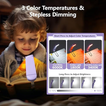 VAVOFO USB Rechargeable Book Light, Blue Light Blocking, Amber Clip On Bookmark Reading Light for Bookworms with Eye Care 6 LED Modes - color: Purple