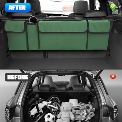 Car Trunk Organizer with Lid, Large Waterproof Vehicle Backseat Hanging Storage Bag with 4 Pockets & Adjustable Straps, Collapsible Automotive Interior Cargo Bag, Universal Fit (Green) - color: Green