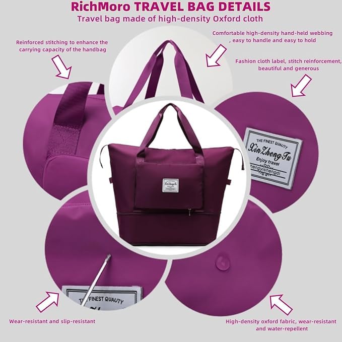 Large Capacity Foldable Travel Bag, Expandable lightweight Carry on Bag, Dry with Wet Separation Spor Duffel Bags (Fuchsia+Toiletry Bag) - color: Fuchsia+Toiletry Bag