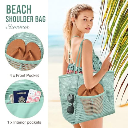 KPX Beach Bag with Mini Pocket, Summer Beach Tote Bags for Women Large Foldable Mesh Swimming Pool Travel Bags - Sandproof - color: Ash Green