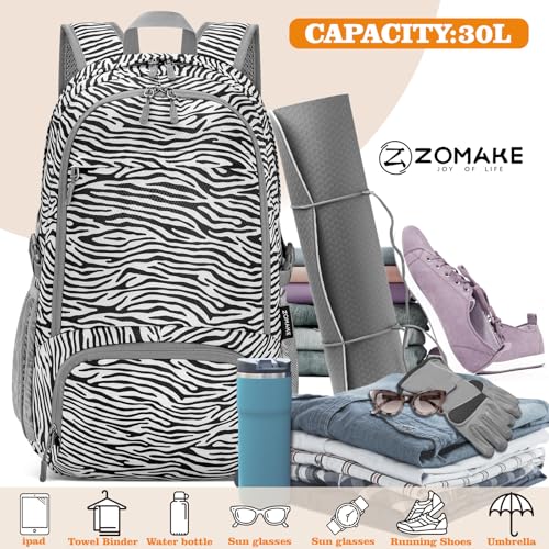 ZOMAKE Lightweight Packable Backpack 30L, Foldable Hiking Backpacks Water Resistant Compact Folding Daypack for Travel(Zebra print) - color: Zebra Print