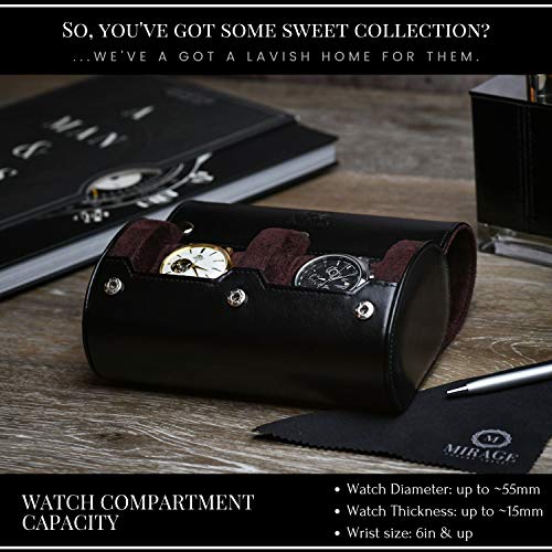 2 Watch Case for Men - Watch Roll Travel Case - Jade Black Motif Vegan Leather - color: Jade Black 2-watch case