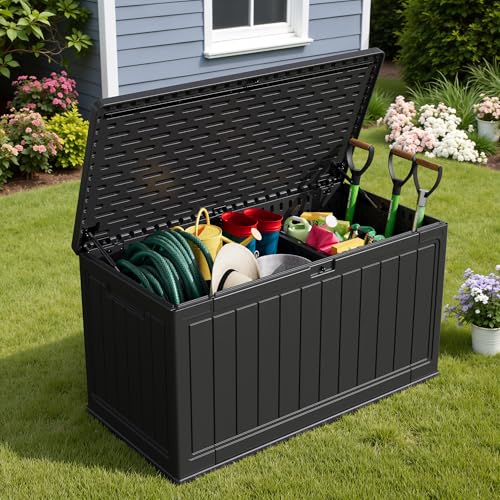 Devoko 160 Gallon Double-Wall Deck Box with Divider, Side Handles, HDPE Outdoor Large Storage Box Waterproof and Lockable for Patio Furniture, Garden, Pool (Black, 160 Gallon) - color: Black, size: 160 Gallon 1 Pack