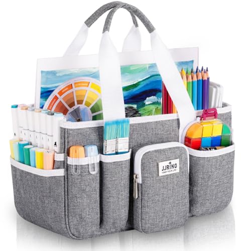 JJRING Craft Organizer Tote Bag, Portable Art Caddy With Adjustable Divider&Secure Zipper Pocket, Large Foldable Storage Tote For Scrapbooking, Sewing, Artist And Home(Grey) - color: Grey, size: Large