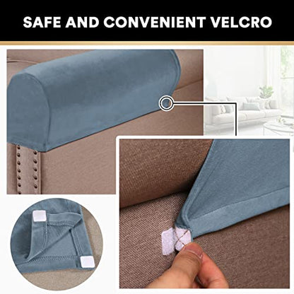 PrinceDeco 2 Pack Thick Velvet Stretch Armrest Covers for Chairs and Sofas - Non Slip, Stone Blue - color: Stone Blue