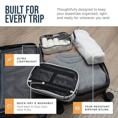 Toiletry Bag Kit 3 Piece Set: Hanging Travel Toiletry Bag + 311 TSA Cosmetic Liquid Bag + Accessory Organizer Pouch - color: White Ripstop