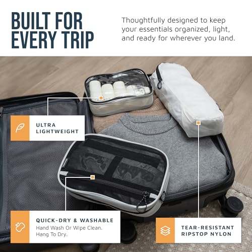 Toiletry Bag Kit 3 Piece Set: Hanging Travel Toiletry Bag + 311 TSA Cosmetic Liquid Bag + Accessory Organizer Pouch - color: White Ripstop