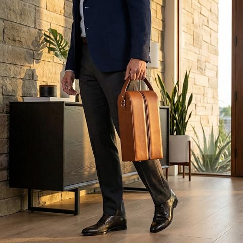 Bey-Berk Vino Brown Leather Double Wine Caddy, Two-Bottle Travel Case with Zipper Closure and Corkscrew Bar Tool - color: Brown