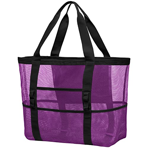 F-color Mesh Beach Bag Family - Large Tote Bag 9 Pockets for Swim Pool Toys Cruise Beach Vacation Essentials - color: Purple, size: Large with Mesh Bottom