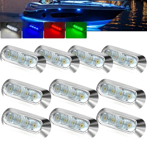 PSEQT 10Pcs 4LED RGBW Boat Courtesy Lights, 4-color 3.8'' Oval Waterproof Marine Interior Deck Transom Stern Navigation Lights for Pontoon Fishing Boat Bass Sailboat Kayak Yacht - size: Pack 0f 10