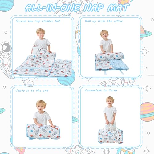Lasoftan Toddler Nap Mat with Pillow and Blanket, Extra Large Rolled Napping Mats,Slumber Bags for Boys Girls,Kids Sleeping Bag for Daycare, Preschool Travel Camping - color: Astronaut