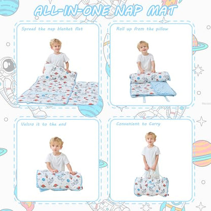 Lasoftan Toddler Nap Mat with Pillow and Blanket, Extra Large Rolled Napping Mats,Slumber Bags for Boys Girls,Kids Sleeping Bag for Daycare, Preschool Travel Camping - color: Astronaut