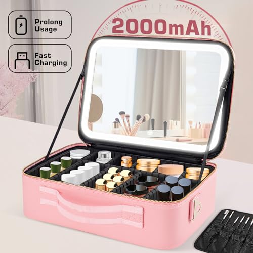 15''X11'' Large Capacity Makeup Bag with LED Mirror, Professional Makeup Case Organizer with 3 Color Light Adjustable Brightness, Travel Make up Cosmetic Case with Detachable Dividers & Shoulder Strap - color: Pink, style: Integrated