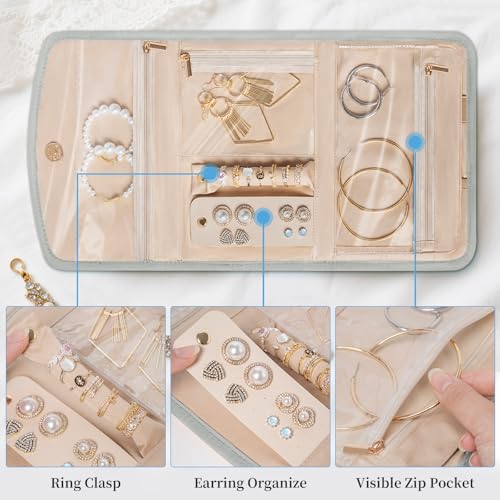Travel Jewelry Holder Organizer Case, Foldable Jewelry Roll Storage Bag for Necklaces Rings Earrings Bracelets, Large, Grey