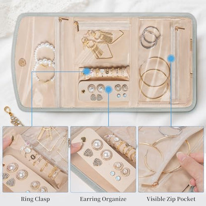 Travel Jewelry Holder Organizer Case, Foldable Jewelry Roll Storage Bag for Necklaces Rings Earrings Bracelets, Large, Grey