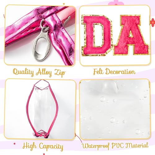 Y1tvei DANCE Clear Makeup Bag - Preppy Hot Pink Dance Chenille Patch Cosmetic Pouch Dancer Recital Survival Kit Extra Large PVC Transparent Toiletry Bag Waterproof Travel Organizer for Women(Rose Red) - color: Rose red DANCE Rose Red