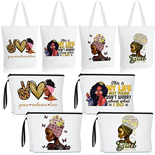 Roowest 8 Pcs Juneteenth African American Gifts for Women Bulk Inspirational 4 Tote Bags 4 Makeup Bags Zipper Work Travel(Classic Style) - style: Classic Style