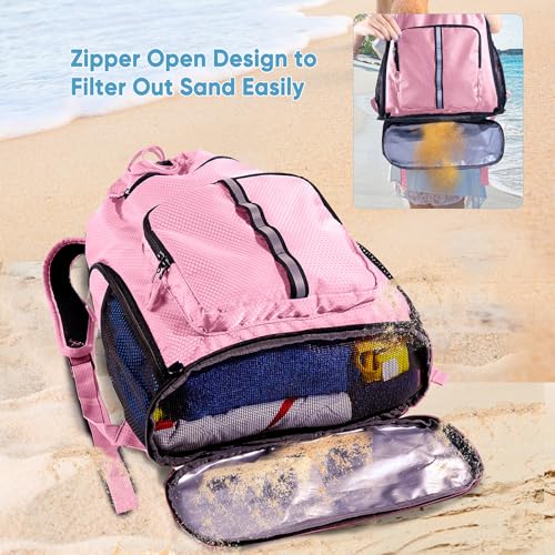 Large Beach Backpack Waterproof Sandproof - Customized Oversized Drawstring Pool Bag with Shoe Compartment for Toiletries, Towels, Gym, Travel - color: Light Pink