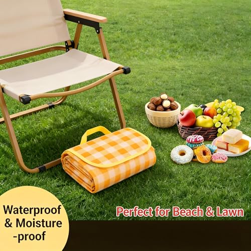 Loulangems Extra Large 2m x 2m Orange Plaid Picnic Mat, Sandproof Waterproof Outdoor Blanket, Orange Plaid Picnic Blanket for Campin and Hiking, Machine Washable