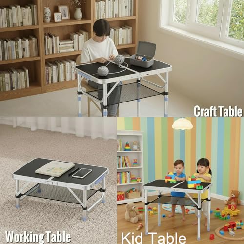 Small Folding Table Portable, 2FT Camping Pinic Table with 3 Adjustable Height, Aluminum Foldable Lightweight Patio Side Table with Carry Handle for Outdoor Hiking Camp BBQ Beach (Black) - color: Black