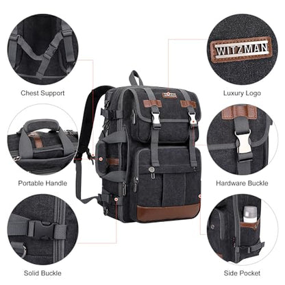 WITZMAN Canvas Travel Backpack for Men Large Laptop Backpack Fit 16 inch Carry-on Airline Approved Convertible Shoulder Rucksack(A6617-3 Black) - color: Black