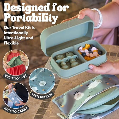 Baby Travel Essentials 6 Pc Silicone Feeding Set - Portable Toddler Plates with Suction, Baby Spoons & Foldable Bib in Carrying Case - BPA-Free Infant & Toddler Utensils for Airplanes & Eating Out - color: Green