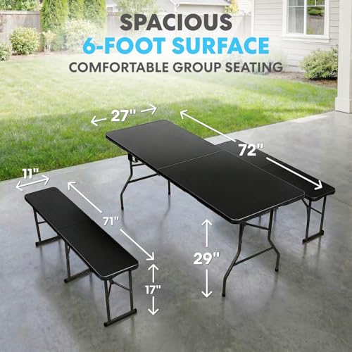 Simpli-Magic 6 Foot Folding Picnic Table Set with 2 Benches Portable Indoor Outdoor Camping Table for Working Meeting Party Picnic Weddings with Handle and Safety Locks Black - size: 6 feet Table Set