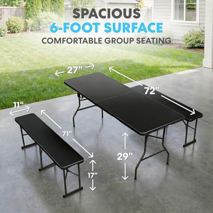 Simpli-Magic 6 Foot Folding Picnic Table Set with 2 Benches Portable Indoor Outdoor Camping Table for Working Meeting Party Picnic Weddings with Handle and Safety Locks Black - size: 6 feet Table Set