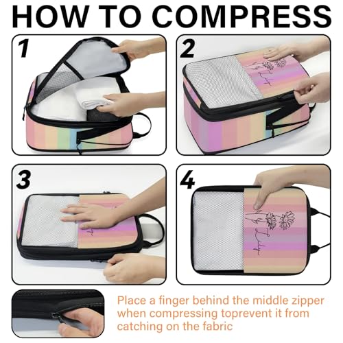 Custom 6 Set Compression Packing Cubes for Travel, Personalized Lightweight Luggage Organizer Bags with Name & Birth Flower, Expandable Large Expandable Packing Organizer, April Gradient - color: Rainbow