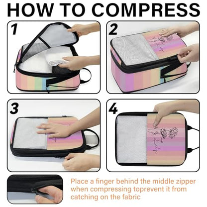 Custom 6 Set Compression Packing Cubes for Travel, Personalized Lightweight Luggage Organizer Bags with Name & Birth Flower, Expandable Large Expandable Packing Organizer, April Gradient - color: Rainbow