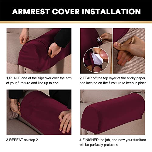 PrinceDeco 2 Pack Thick Velvet Stretch Armrest Covers for Chairs and Sofas - Non Slip Armchair Protectors, Burgundy - color: Burgundy