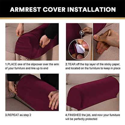 PrinceDeco 2 Pack Thick Velvet Stretch Armrest Covers for Chairs and Sofas - Non Slip Armchair Protectors, Burgundy - color: Burgundy