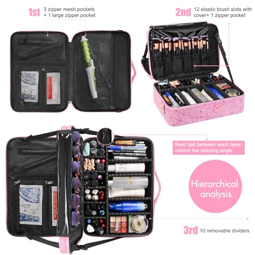 MONSTINA Professional Makeup Case Bag|3 Layers Large Capacity Cosmetic Organizer Brush Bag,Barber Train Case Makeup Artist Box,PU Leather Stylish Geometric Reflection Patterns Pink - color: Pink Diamond, size: Large