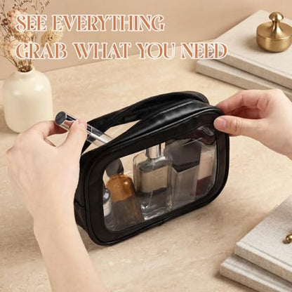 Abbylike 4 Pcs Clear Makeup Bag PU Leather Tsa Approved Toiletry Bag with Zipper Transparent Waterproof Portable Cosmetic Bags Travel Car Clear Organizer Bags for Gifts Women Girl Mother's Day, Black - color: Black