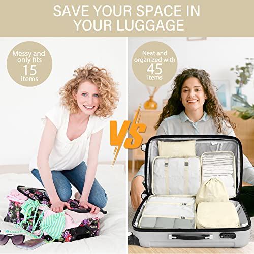 KPX 8 Set Packing Cubes for Travel, Luggage Packing Organizers Accessories Large Toiletries Bag for Clothes Shoes Cosmetics (Beige) - color: 8Set-Beige