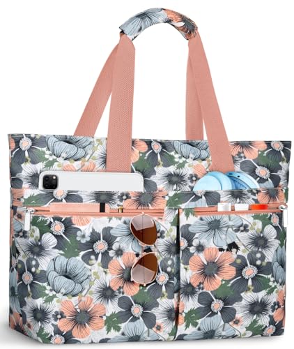 HUANLANG Large Beach Bags for Women Pool Bag with Zipper, Waterproof Sandproof Beach Tote Travel Bag with Wet Pocket - color: Gray-pink Flower