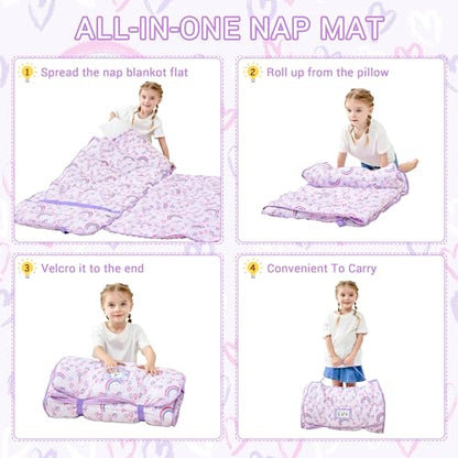 Lasoftan Toddler Nap Mat with Pillow and Blanket, Extra Large Rolled Napping Mats,Slumber Bags for Boys Girls,Kids Sleeping Bag for Daycare, Preschool Travel Camping - color: Rainbow