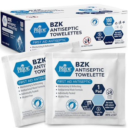 MED PRIDE BZK Antiseptic Towelettes, Individually Wrapped First Aid Cleansing Wipes, Alcohol-Free, Non-Sterile, Single Use, For Skin Cleansing & Prep (100, 5'' x 7'') - size: 1 Count (Pack of 100)