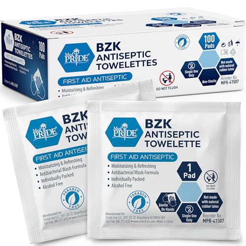 MED PRIDE BZK Antiseptic Towelettes, Individually Wrapped First Aid Cleansing Wipes, Alcohol-Free, Non-Sterile, Single Use, For Skin Cleansing & Prep (100, 5'' x 7'') - size: 1 Count (Pack of 100)