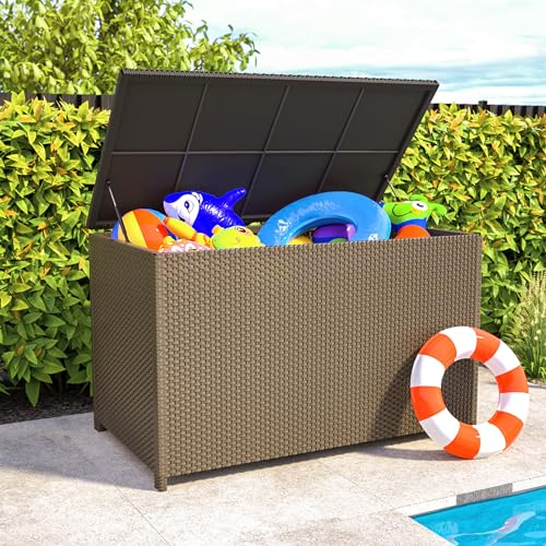 Outdoor Storage Box with Wheels 150 Gallon, Mobile Waterproof Aluminum Deck Box, UV Resistant Patio Storage Box with Lid for Patio Furniture, Garden Tools (Light) - color: Light Brown, size: 150 Gallon