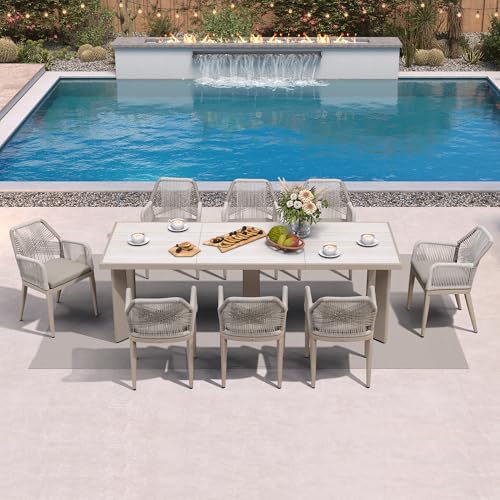 PURPLE LEAF 9 Pieces Patio Dining Set Aluminum Modern Rectangular Table and Rattan Arm Chairs with Cushions for Kitchen Porch Garden Outdoor Furniture Sets, Champagne - color: Champagne-high Armrest, size: 9 PCS, style: Rectangular
