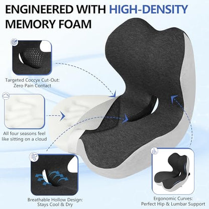 Truck Driver Seat Cushion Set - Memory Foam for Lower Back & Sciatica Pain Relief - Ergonomic Headrest Neck Pillow for Semi Truck & Car Dark Gray
