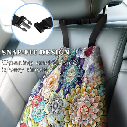 Car Trash Bag Hanging Back of Seat with Adjustable Snap Buckle Strap Cute Printed Drawstring Garbage Bags for Car-Boho Floral - color: Boho Floral Car Trash Bag