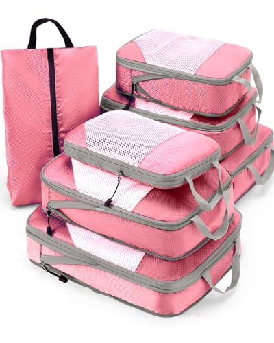 Meowoo 7 Set Compression Packing Cubes for Travel, Durable Ripstop Mesh Suitcase Organizer with Shoe Bag, Ultralight & Expandable Space Saver Travel Cubes - color: Pink