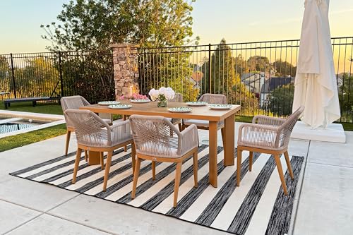 PURPLE LEAF 7 Pieces Patio Dining Set Aluminum Modern Rectangular Table and Rattan Arm Chairs with Cushions for Kitchen Porch Garden Outdoor Furniture Sets, Teak - color: Teak-high Armrest, size: 7 PCS, style: Rectangular